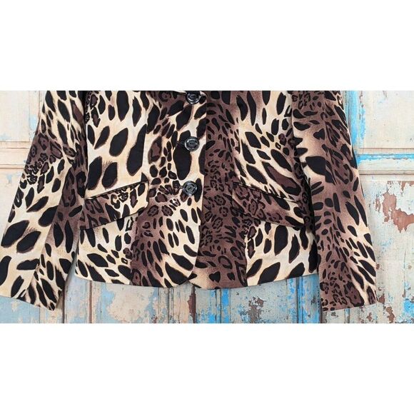Le Suit Womens Size 6 Brown Leopard Print Collared Slit Cuff 3 Button Blazer - Picture 3 of 7